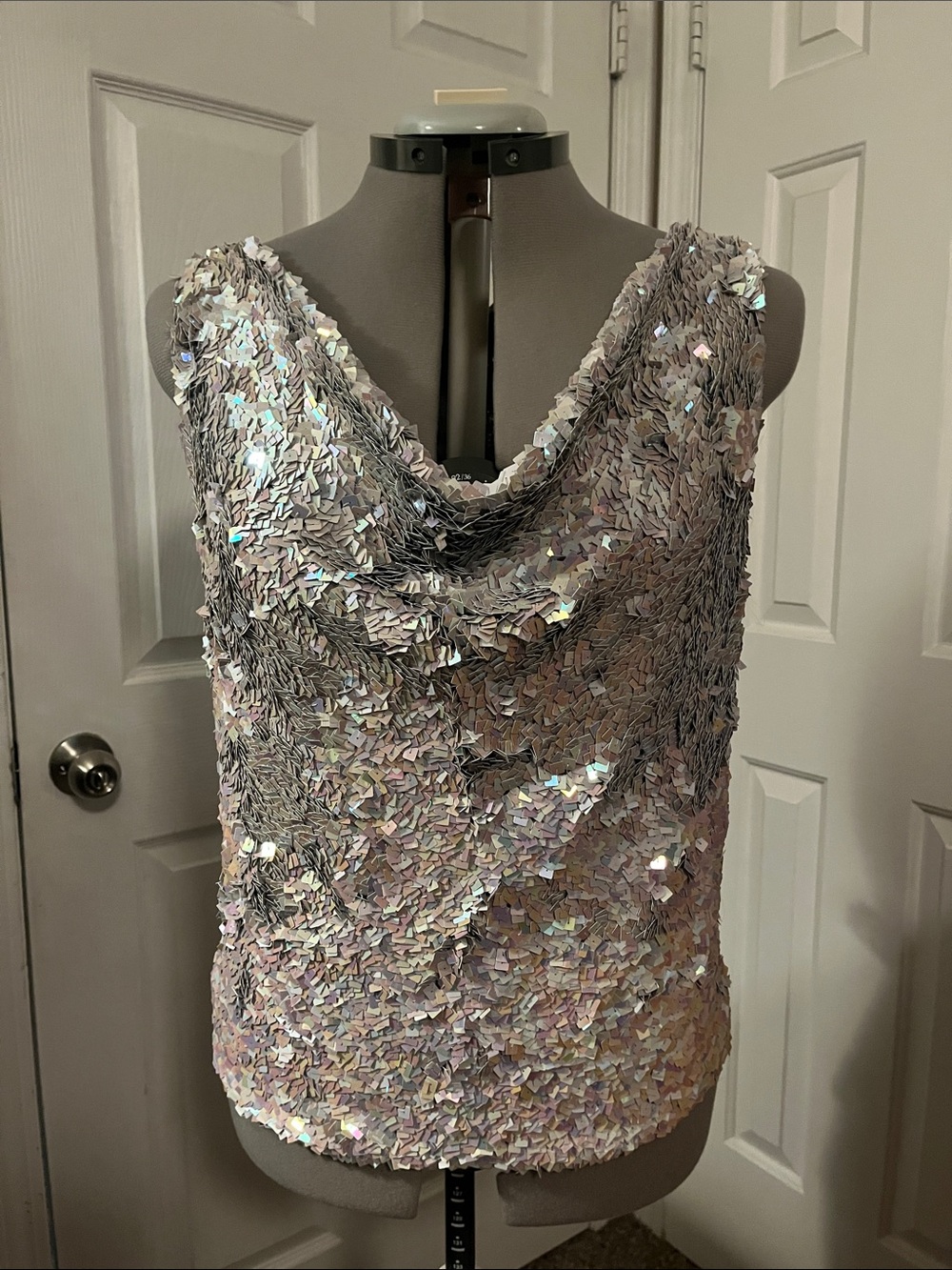 Yansi Fugel Square Sequin Cowl Top, Iridescent Grey, Size L